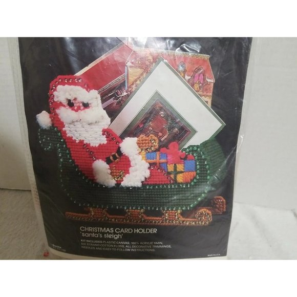 Bucilla Needlepoint Kit HERE COMES SANTA Sleigh Christmas Card Holder # 61032 - Picture 2 of 4